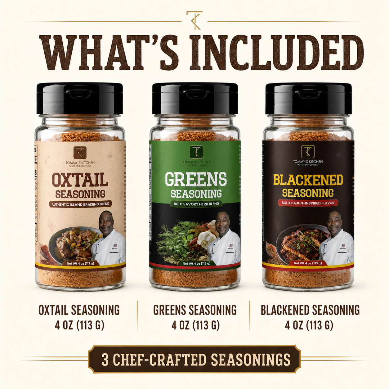 Tommy’s Kitchen Variety Pack, Oxtail, Blackened & Greens Seasonings, 4 oz Each, 3 Count