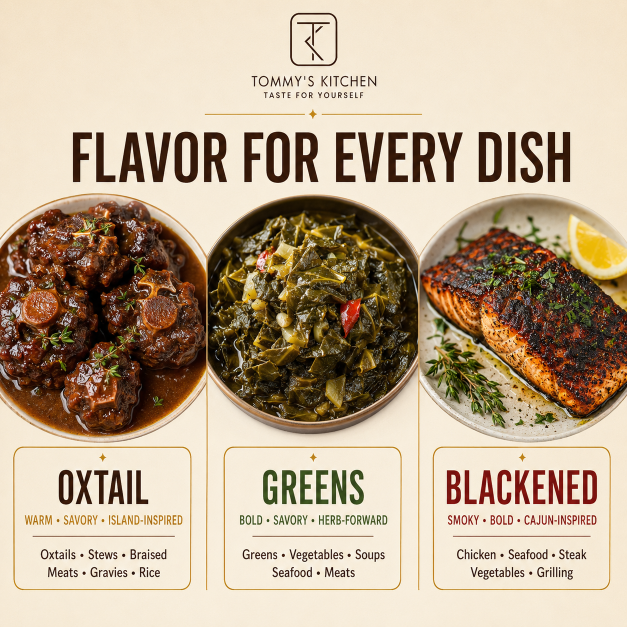 Tommy’s Kitchen Variety Pack, Oxtail, Blackened & Greens Seasonings, 4 oz Each, 3 Count